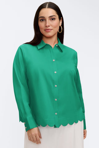 Front view of the Scarlett Plus Stretch Matte Sateen Long Sleeve Shirt