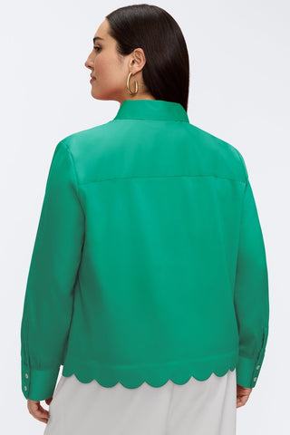Back view of model wearing the Scarlett Plus Stretch Matte Sateen Long Sleeve Shirt