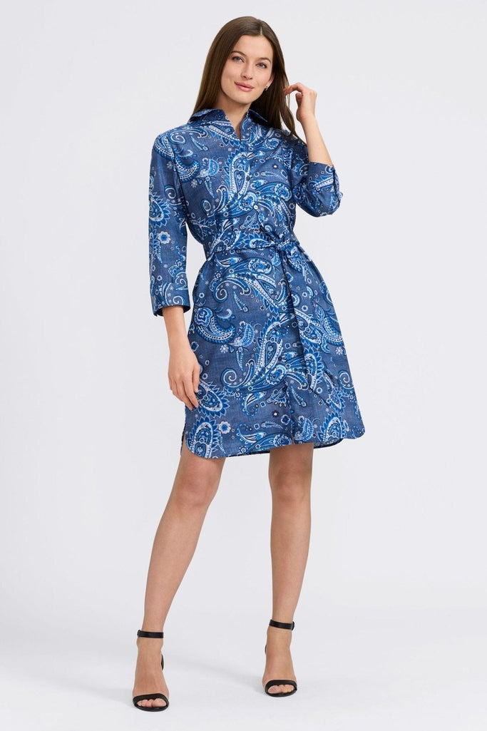 Foxcroft Rocca Denim Paisley 3/4 Sleeve Dress Denim Paisley / S
