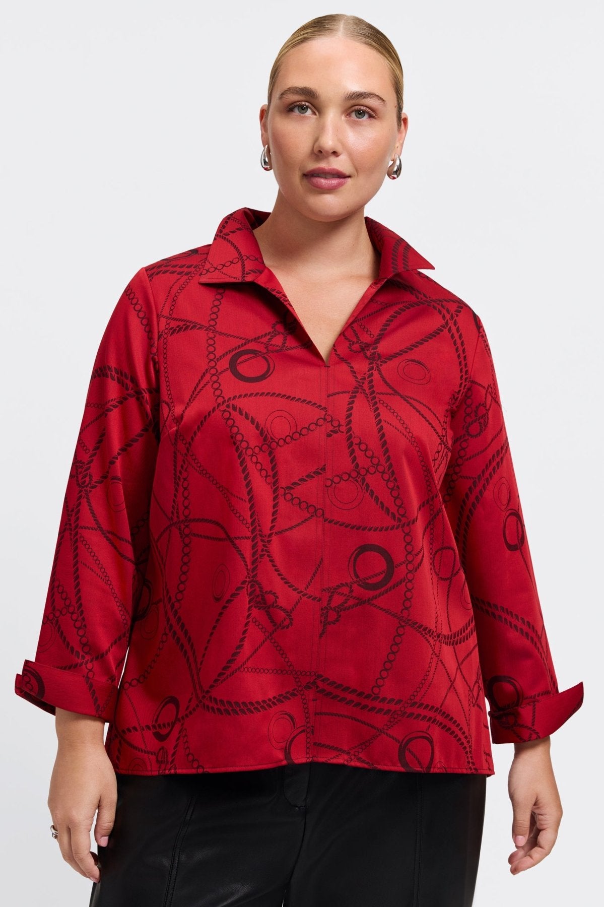 Agnes Plus Chain Stripe Jacquard Long Sleeve Popover Shirt