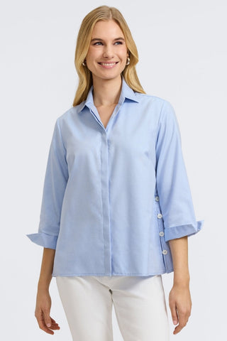 Front view of the Beatrice Cavalry Twill 3/4 Sleeve Shirt #color_soft blue cavalry twill