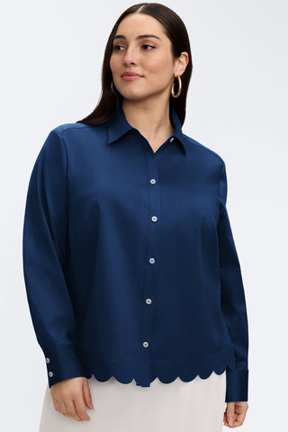 Front view of model wearing the Scarlett Plus Stretch Matte Sateen Long Sleeve Shirt