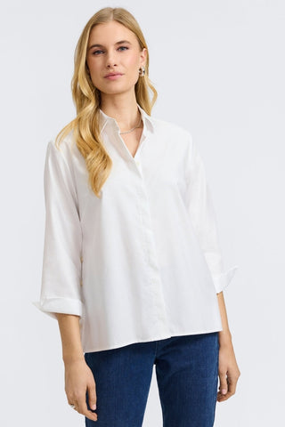 Front view of a woman wearing the Beatrice Cavalry Twill 3/4 Sleeve Shirt
#color_white cavalry twill