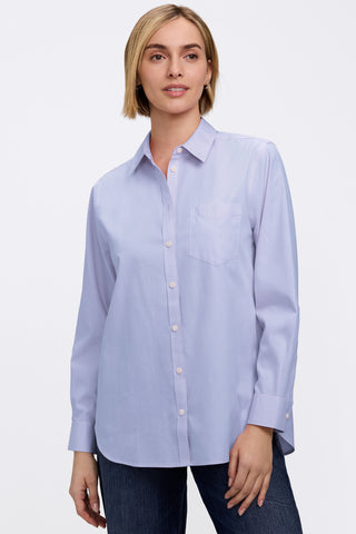 Front view of woman wearing the Boyfriend No Iron Pinpoint Long Sleeve Tunic #color_blue wave