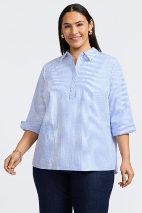 Therese Plus Seersucker Thin Stripe 3/4 Sleeve Popover Shirt