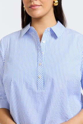 Therese Plus Seersucker Thin Stripe 3/4 Sleeve Popover Shirt