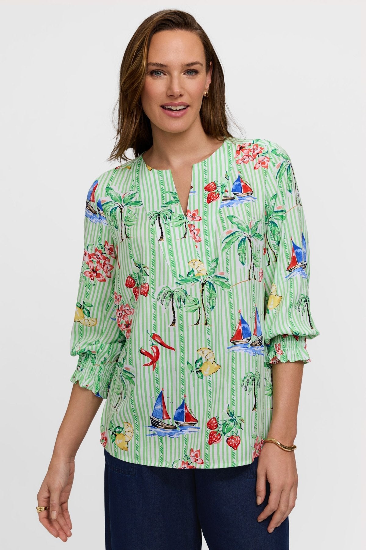 Alicia Resort Stripe 3/4 Sleeve Popover Shirt