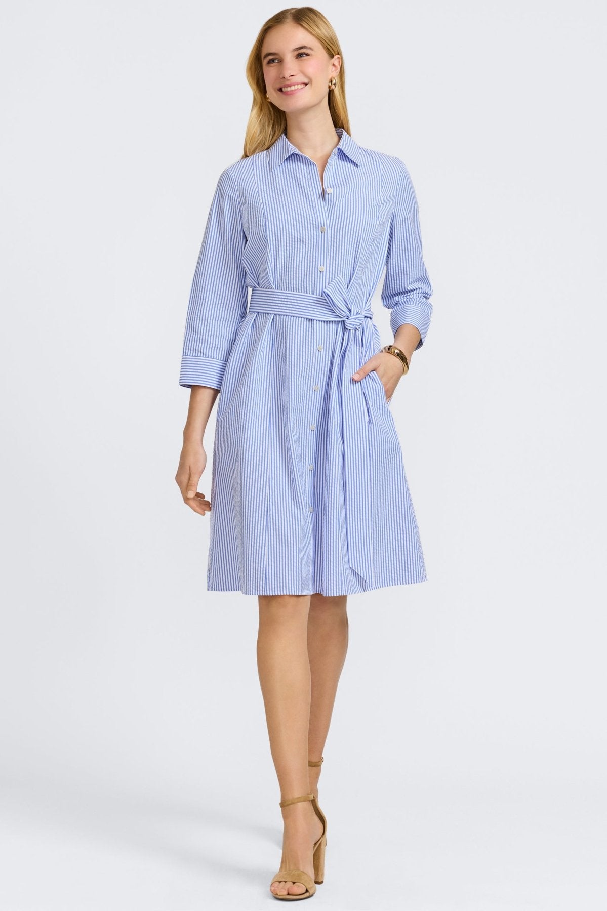 Fiona Seersucker Thin Stripe 3/4 Sleeve Dress