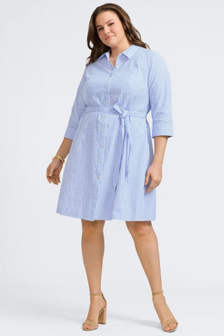 Plus-size woman in a blue double-stripe button-down shirt from Foxcroft, polished and practical with non-iron ease. (1)