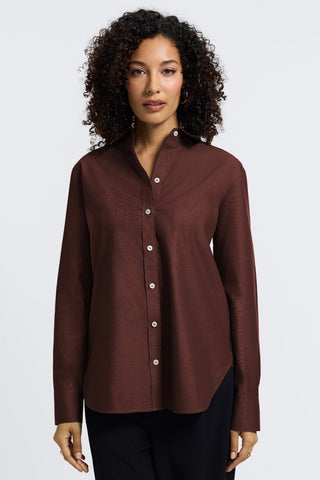 Front view of woman wearing the Meghan No Iron Pinpoint Long Sleeve Shirt #color_chicory coffee