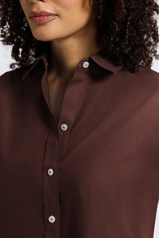 Close up on the collar and neckline of the Meghan No Iron Pinpoint Long Sleeve Shirt #color_chicory coffee