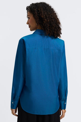 Back view of woman wearing teh Meghan No Iron Pinpoint Long Sleeve Shirt #color_teal