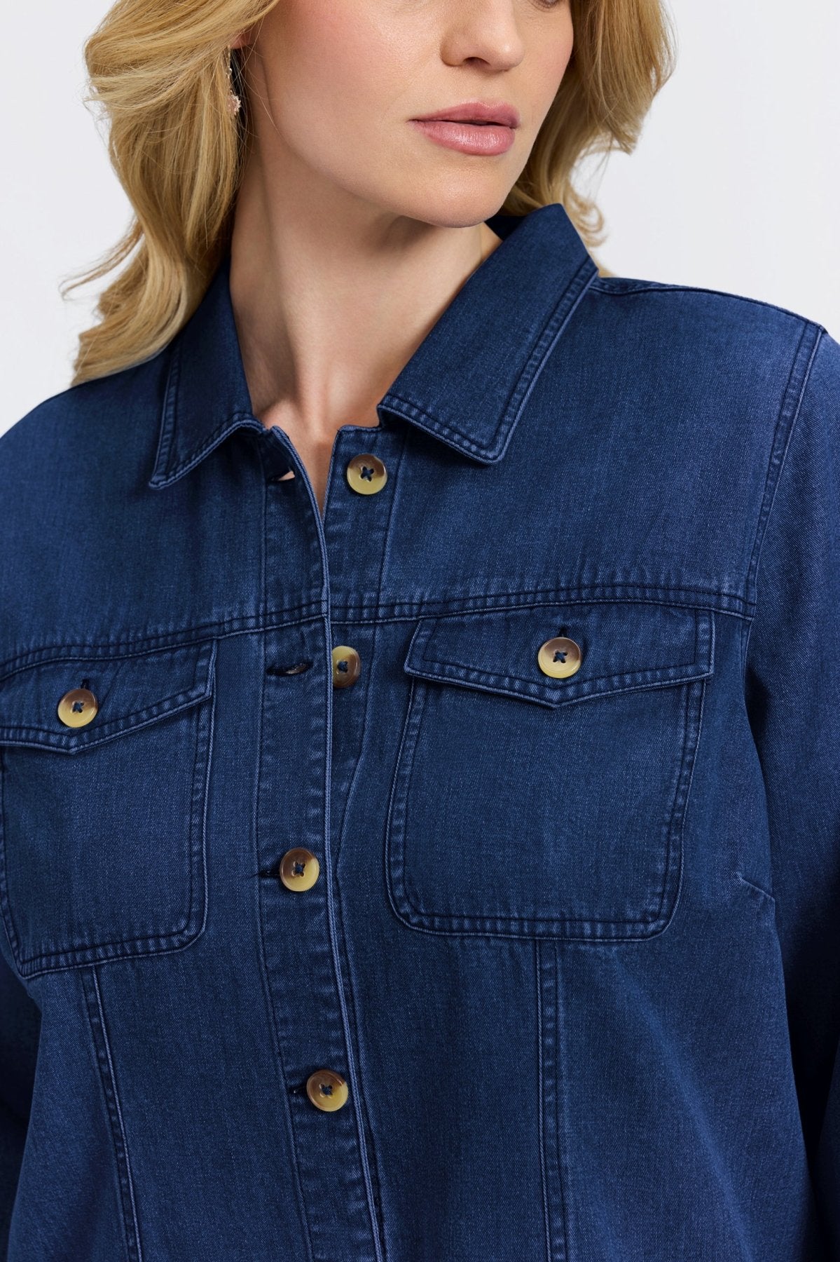 Woman in a jean wash Tencel jacket from Foxcroft, the perfect lightweight layer for laid-back, refined style. (5)