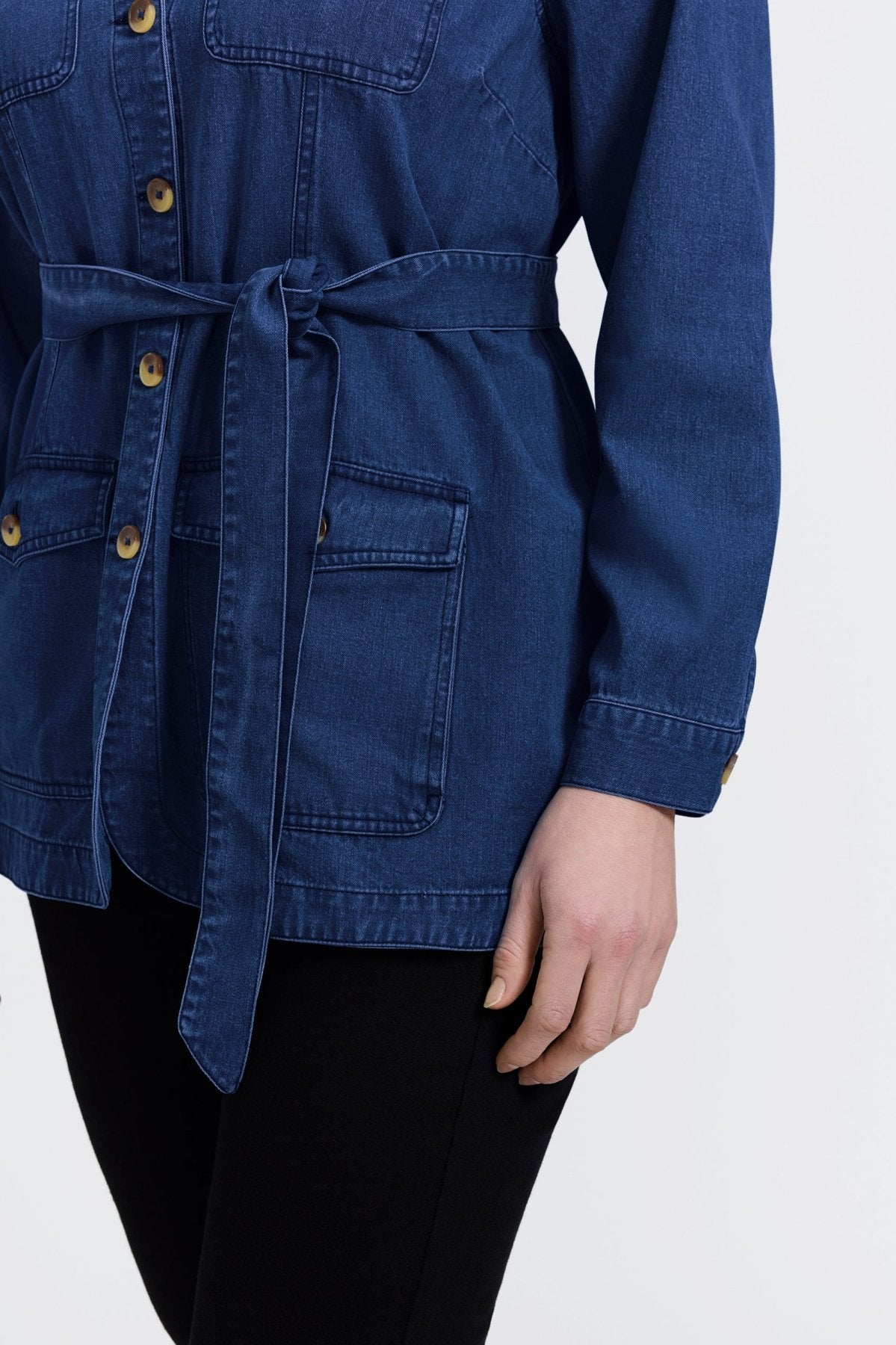 Woman in a jean wash Tencel jacket from Foxcroft, the perfect lightweight layer for laid-back, refined style. (6)