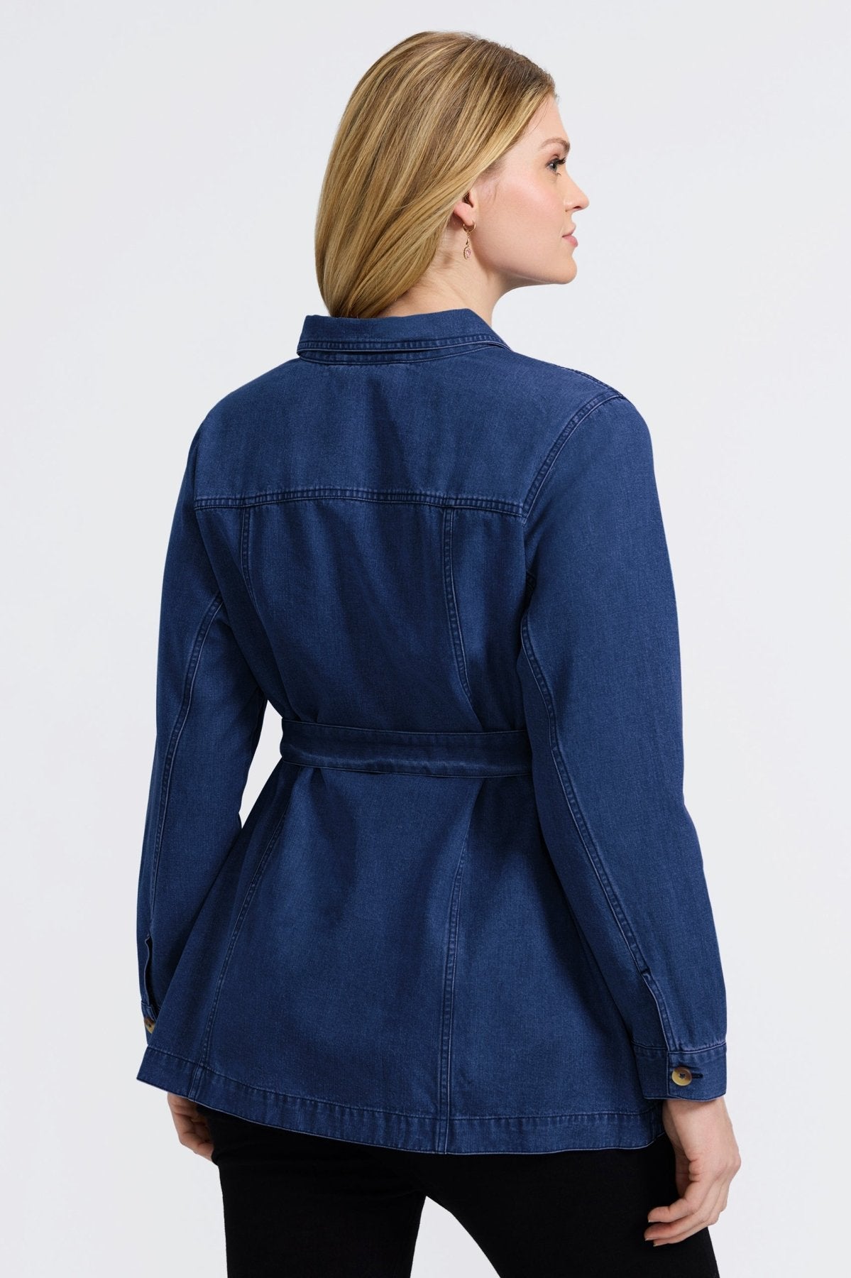 Woman in a jean wash Tencel jacket from Foxcroft, the perfect lightweight layer for laid-back, refined style. (7)