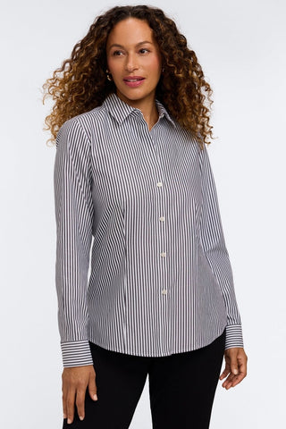 Dianna 100% cotton pinpoint stripe long sleeve shirt in #color_black pinpoint stripe