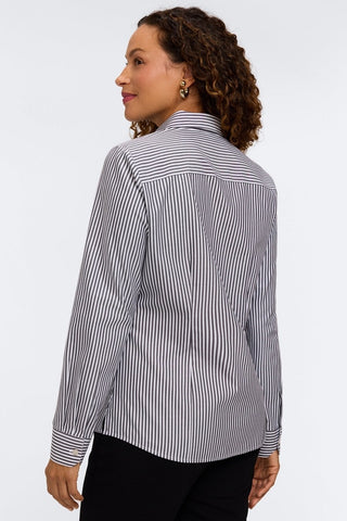 Rear view of the Dianna pinpoint stripe long sleeve dress shirt in #color_black pinpoint stripe