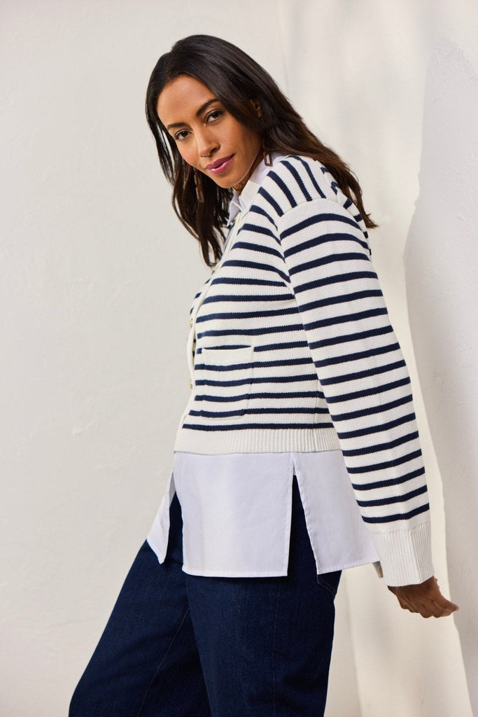 side view of striped cardigan worn over Sasha Knit-Woven Sleeveless Layering Tunic #color_white