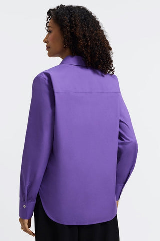 Back view of woman wearing the Meghan No Iron Pinpoint Long Sleeve Shirt #color_royal purple