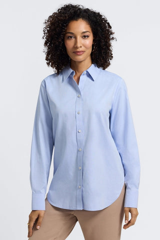Front view of a woman wearing the Meghan No Iron Pinpoint Long Sleeve Shirt #color_blue wave