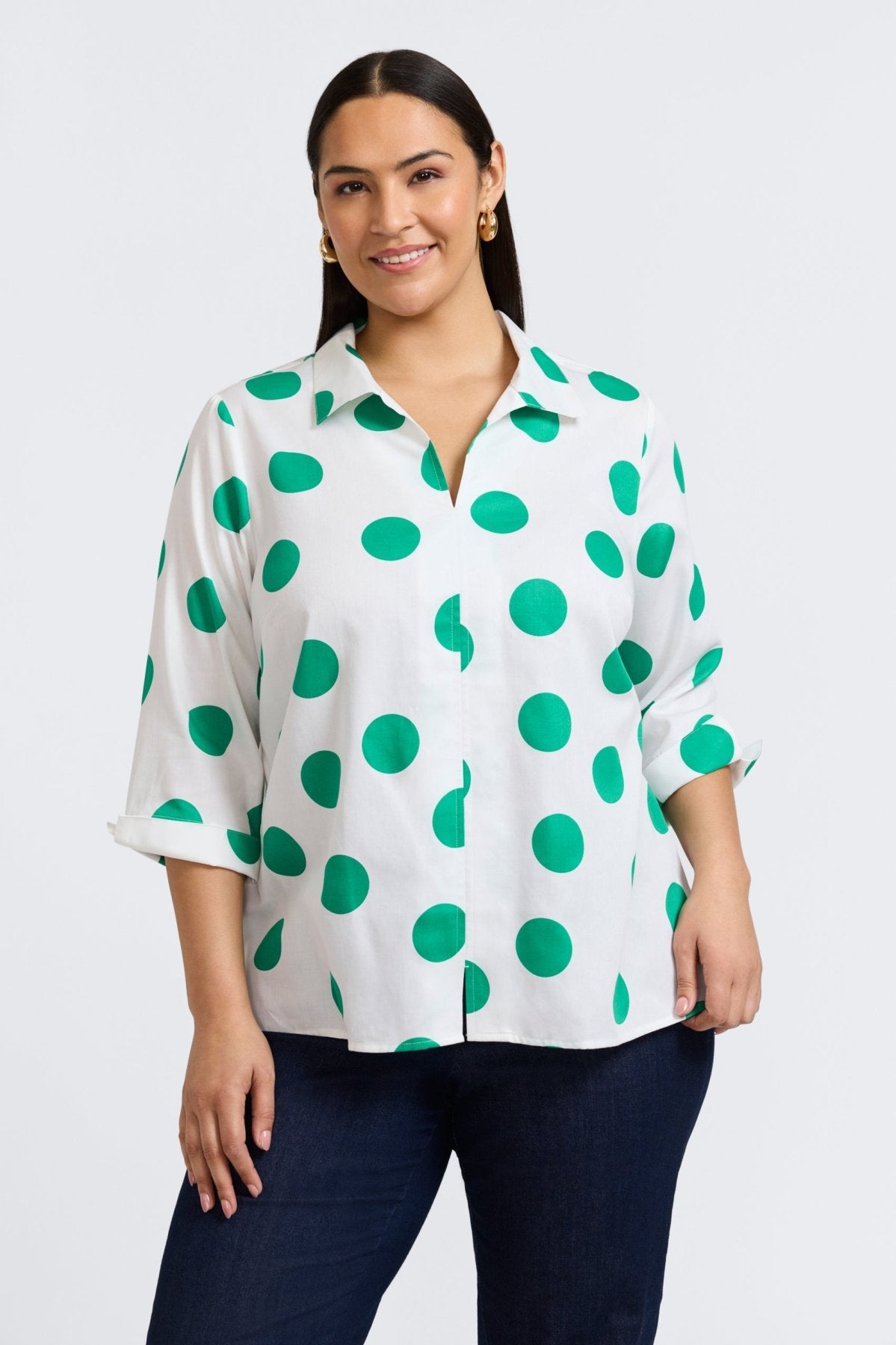 Foxcroft Agnes blouse in white and cobalt dots print for plus-size women