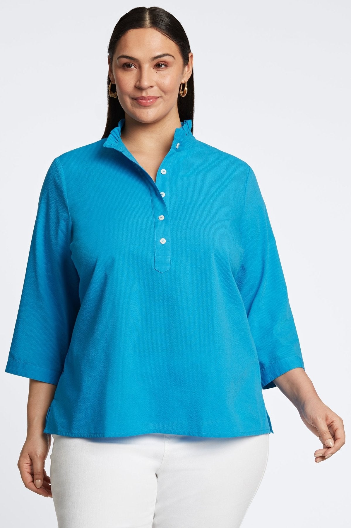 Mia Plus Seersucker 3/4 Sleeve Popover Shirt
