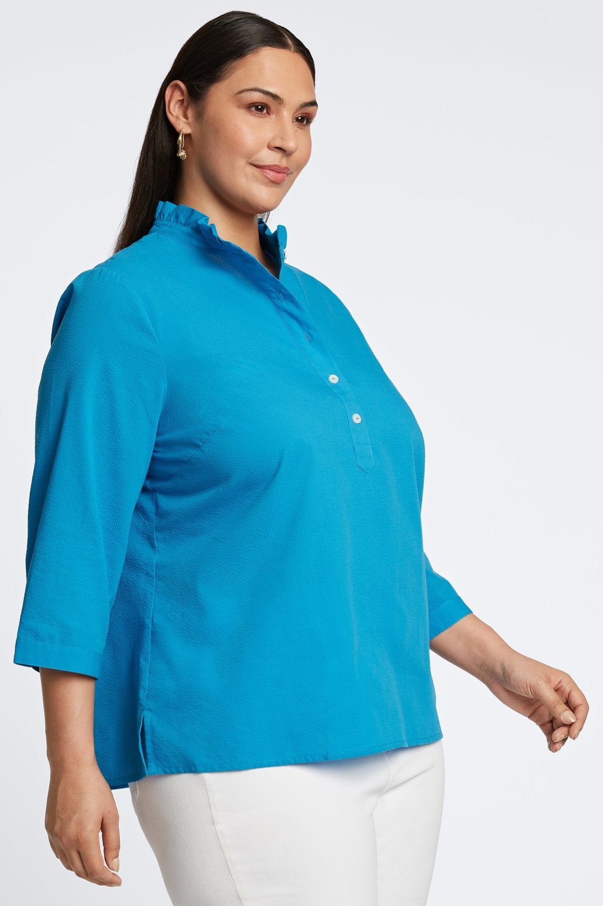 Mia Plus Seersucker 3/4 Sleeve Popover Shirt