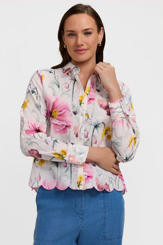 Front view of the Scarlett Delicate Florals Long Sleeve Shirt worn with a simple pair of jeans 
