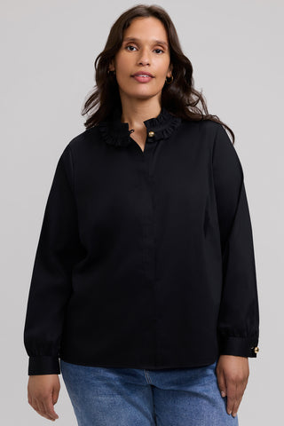 Colette Plus Stretch Matte Sateen Ruffle Long Sleeve Shirt