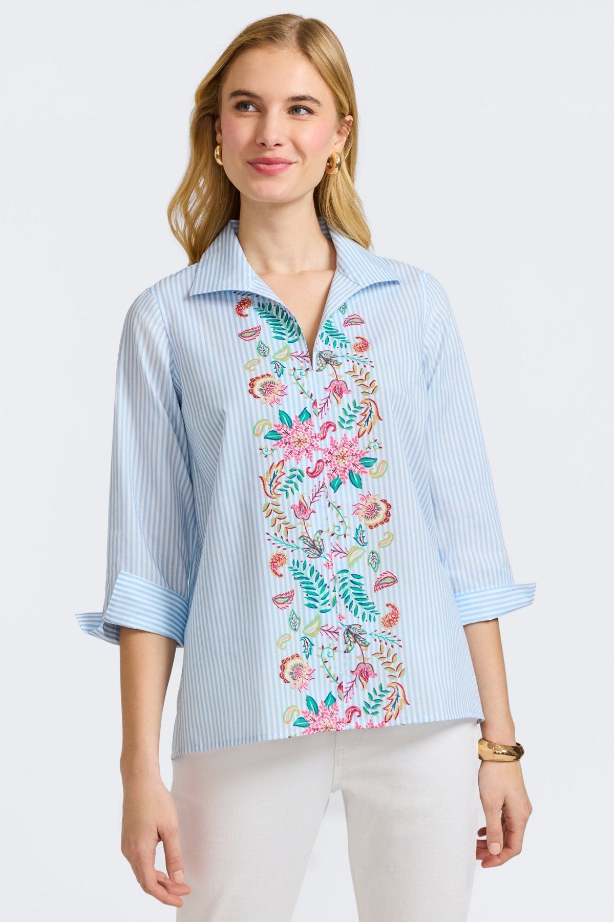 Agnes Striped Floral 3/4 Sleeve Popover Shirt