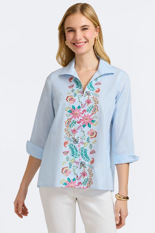 Woman in Foxcroft Agnes Floral Stripe blouse, exclusive floral and stripe mix with lightweight polished fabric.