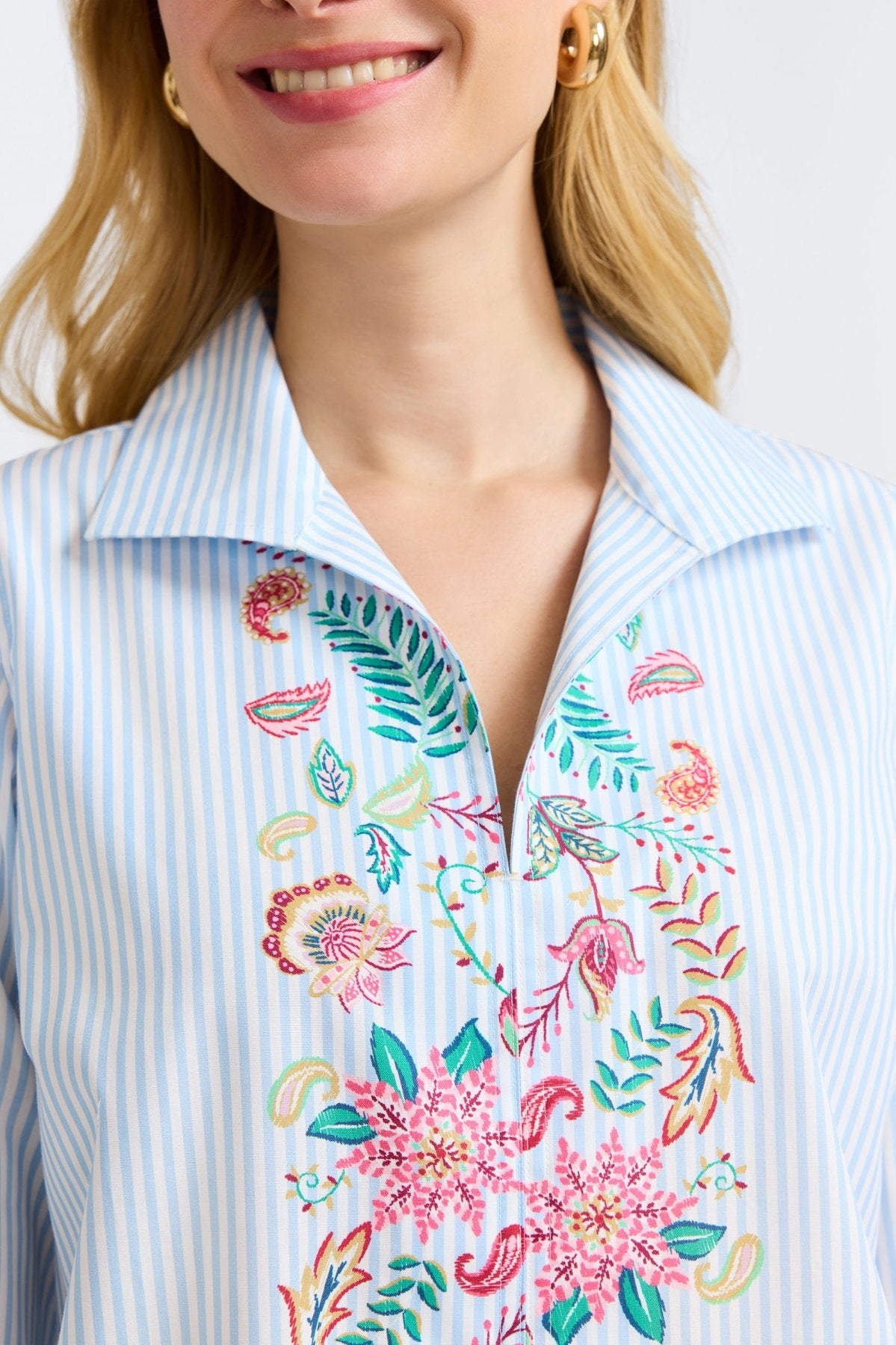 Agnes Striped Floral 3/4 Sleeve Popover Shirt