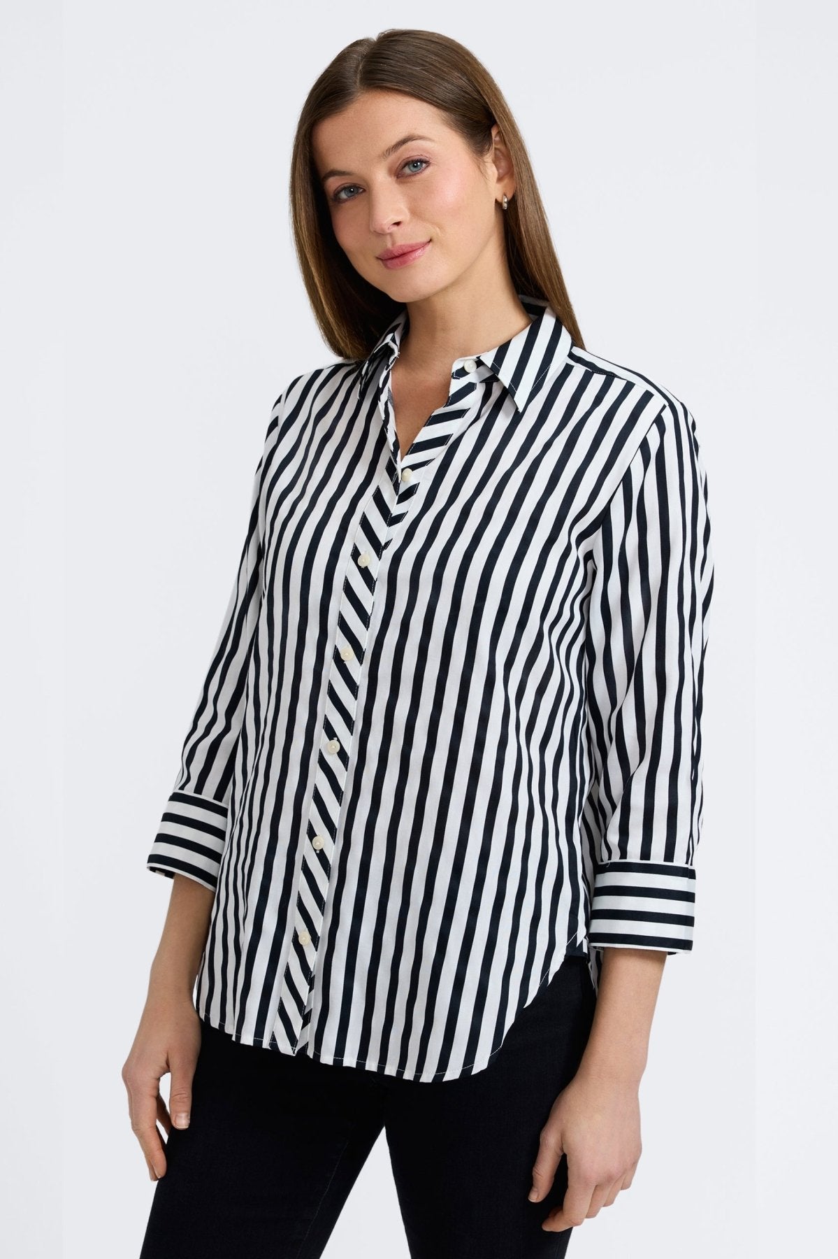 Meghan Black Stripe & Gingham 3/4 Sleeve Shirt- Foxcroft