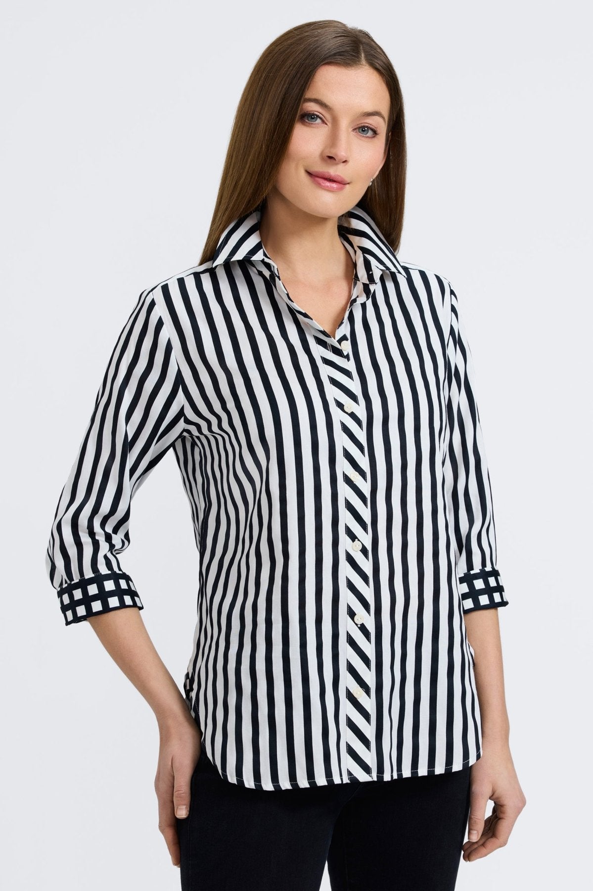 Meghan Black Stripe & Gingham 3/4 Sleeve Shirt