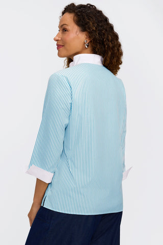 Angled back view of the 3/4 sleeve popover shirt #color_capri pinpoint stripe