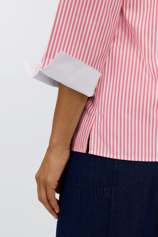 Close up on the cuff of the 3/4 length sleeve of the shirt #color_coral reef pinpoint stripe