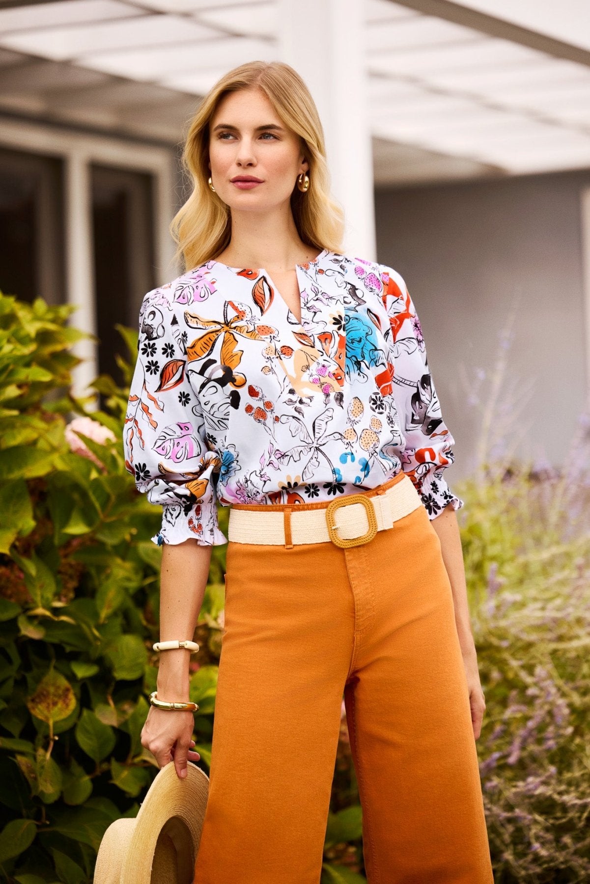 Alicia Tropical Watercolor 3/4 Sleeve Popover Shirt