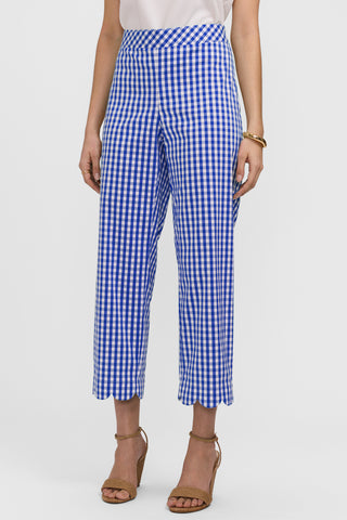 Waist down view of blue gingham capri pants with scalloped cuffs #color_deep sea/white gingham