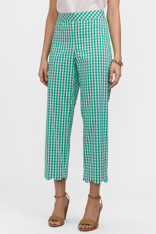 #color_kelly green/white gingham 
Waist down view of scalloped cuff capri pants