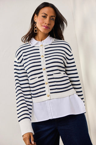 Front view of Cardigan buttoned over Sasha Knit-Woven Sleeveless Layering Tunic #color_white