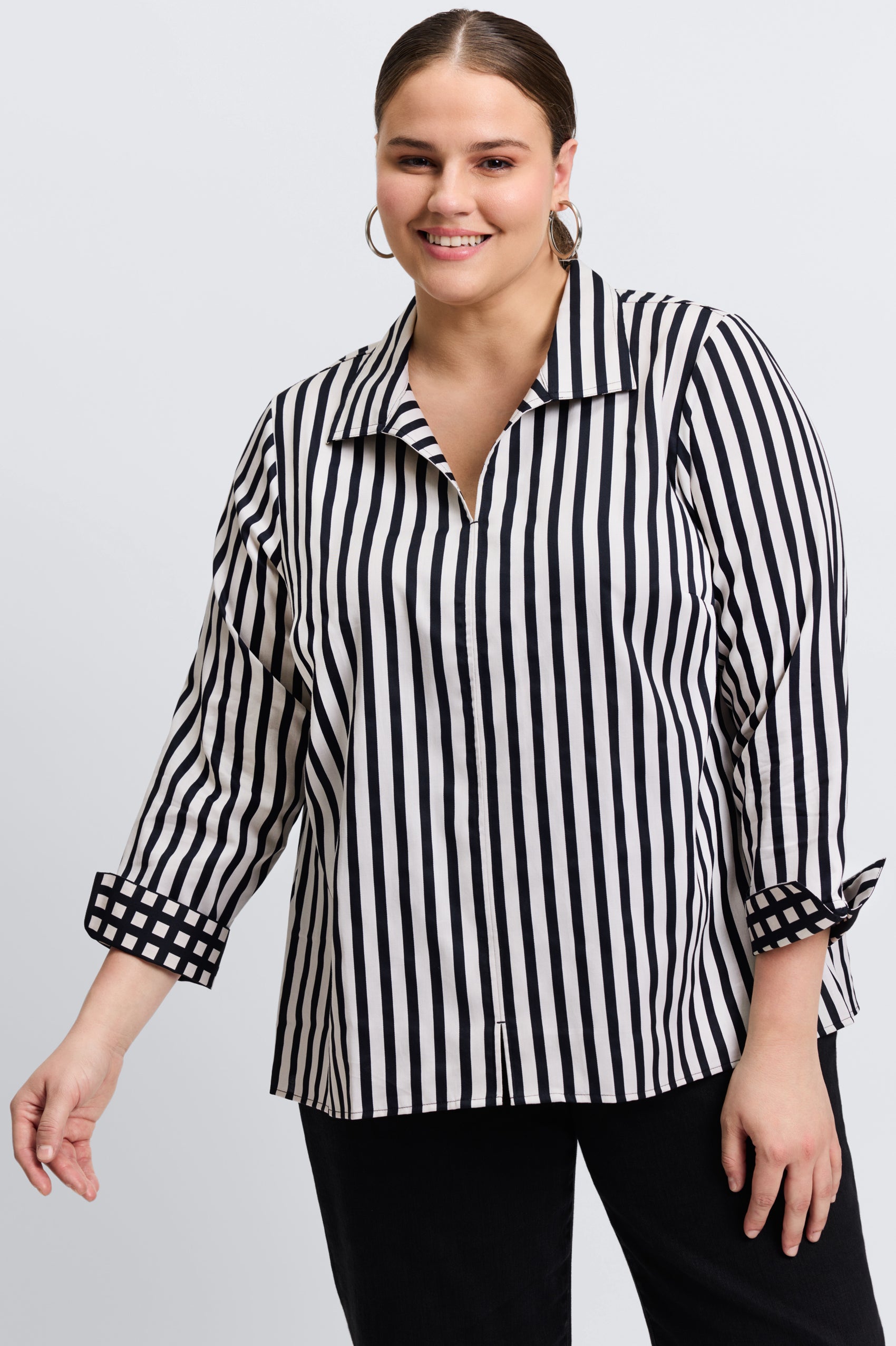 Agnes Plus Stripe & Gingham Long Sleeve Popover Shirt