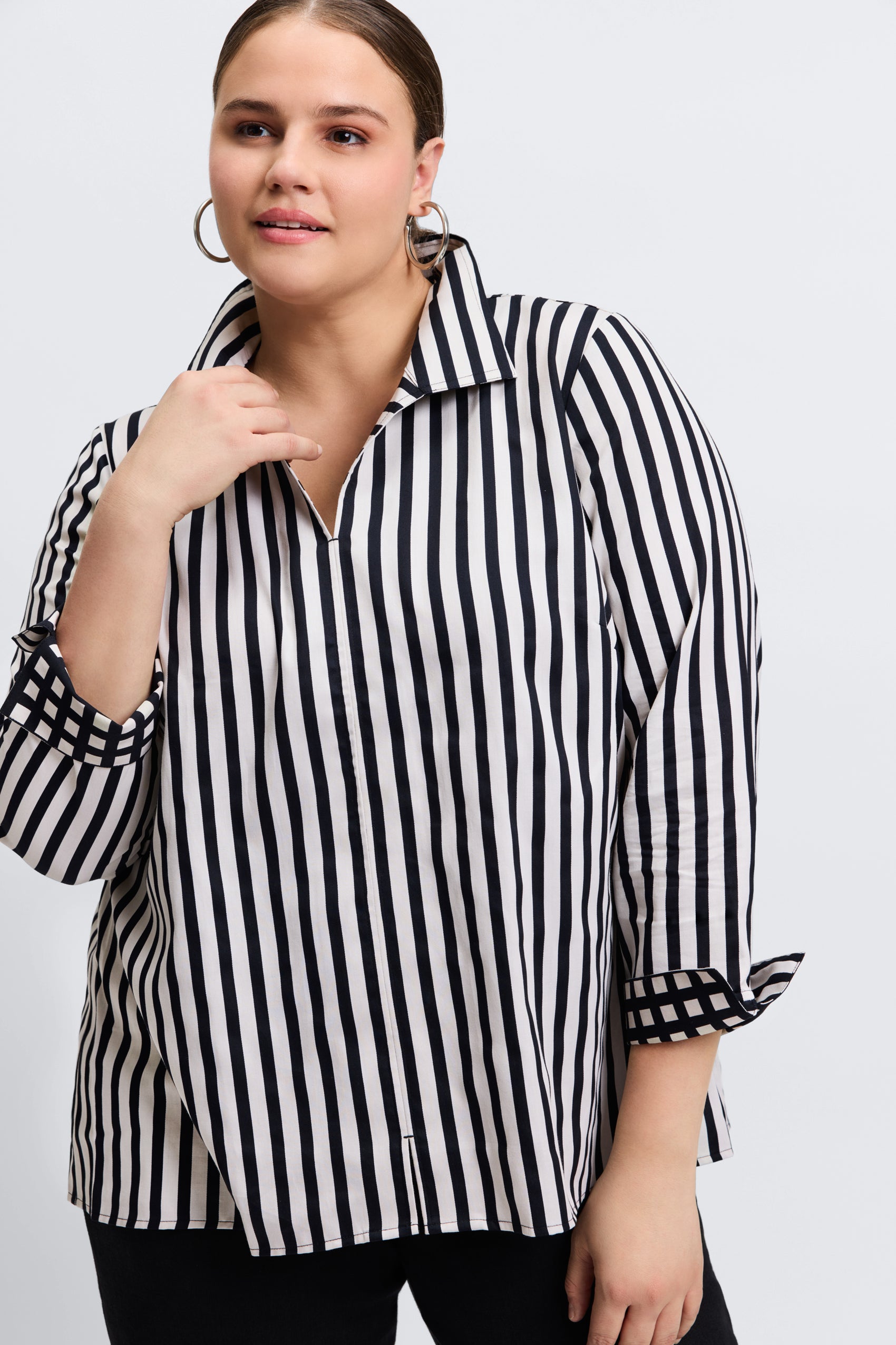 Agnes Plus Stripe & Gingham Long Sleeve Popover Shirt