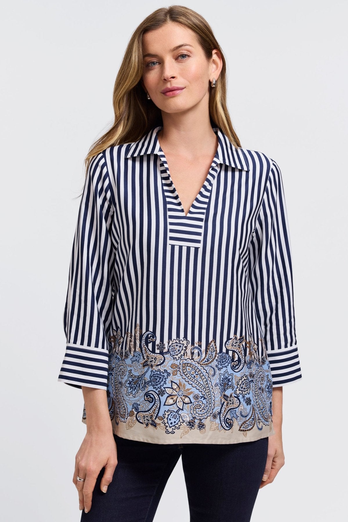 Julia Stripe Paisley 3/4 Sleeve Popover Shirt