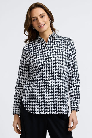 Front view of model wearing the Meghan Classic Houndstooth Long Sleeve Shirt