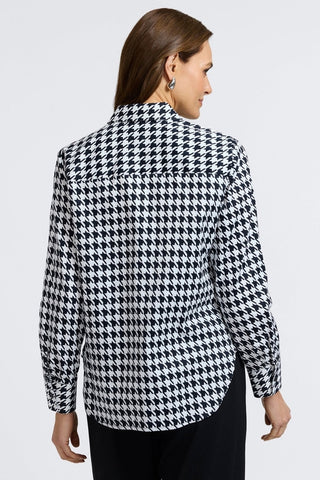 Back view of model wearing the Meghan Classic Houndstooth Long Sleeve Shirt