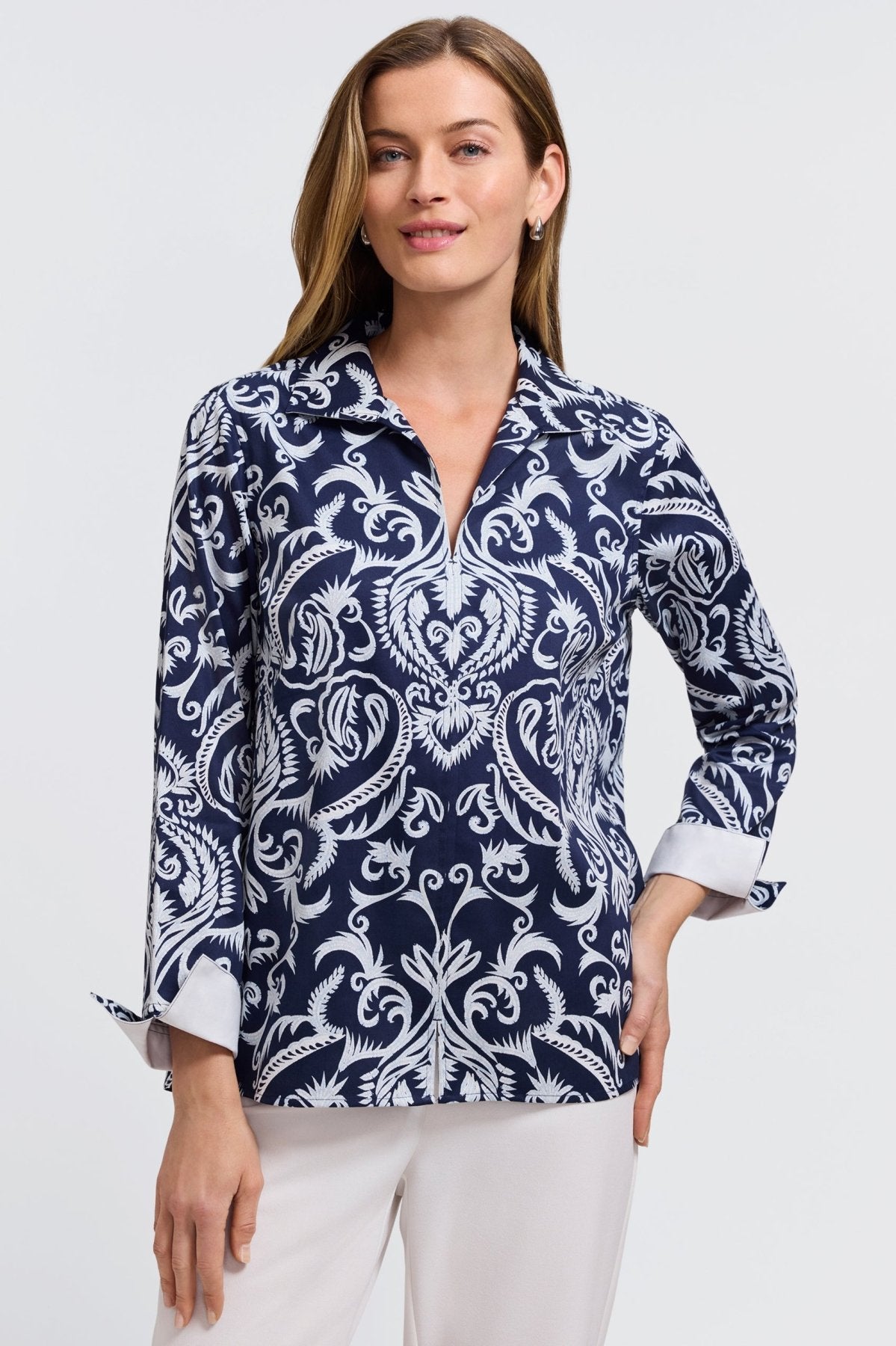 Agnes Printed Damask Long Sleeve Popover Shirt