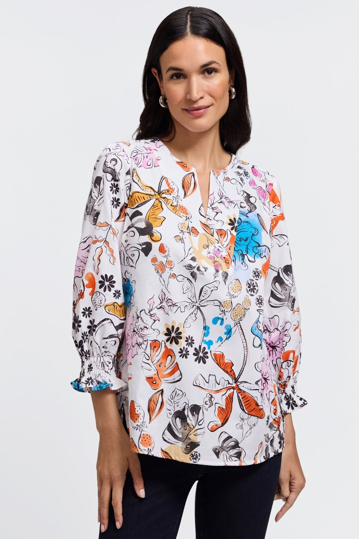 Alicia Tropical Watercolor 3/4 Sleeve Popover Shirt