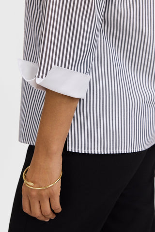 Close up of 3/4 white sleeve cuff #color_black pinpoint stripe