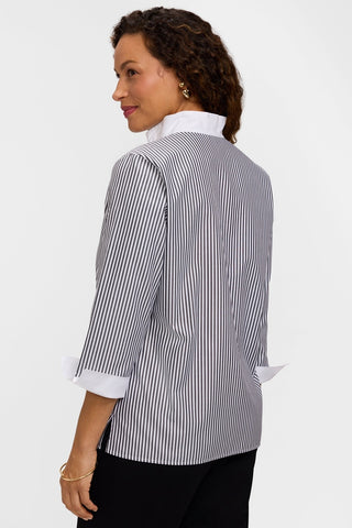 Angled back view of the pinpoint striped 3/4 sleeve popover shirt #color_black pinpoint stripe