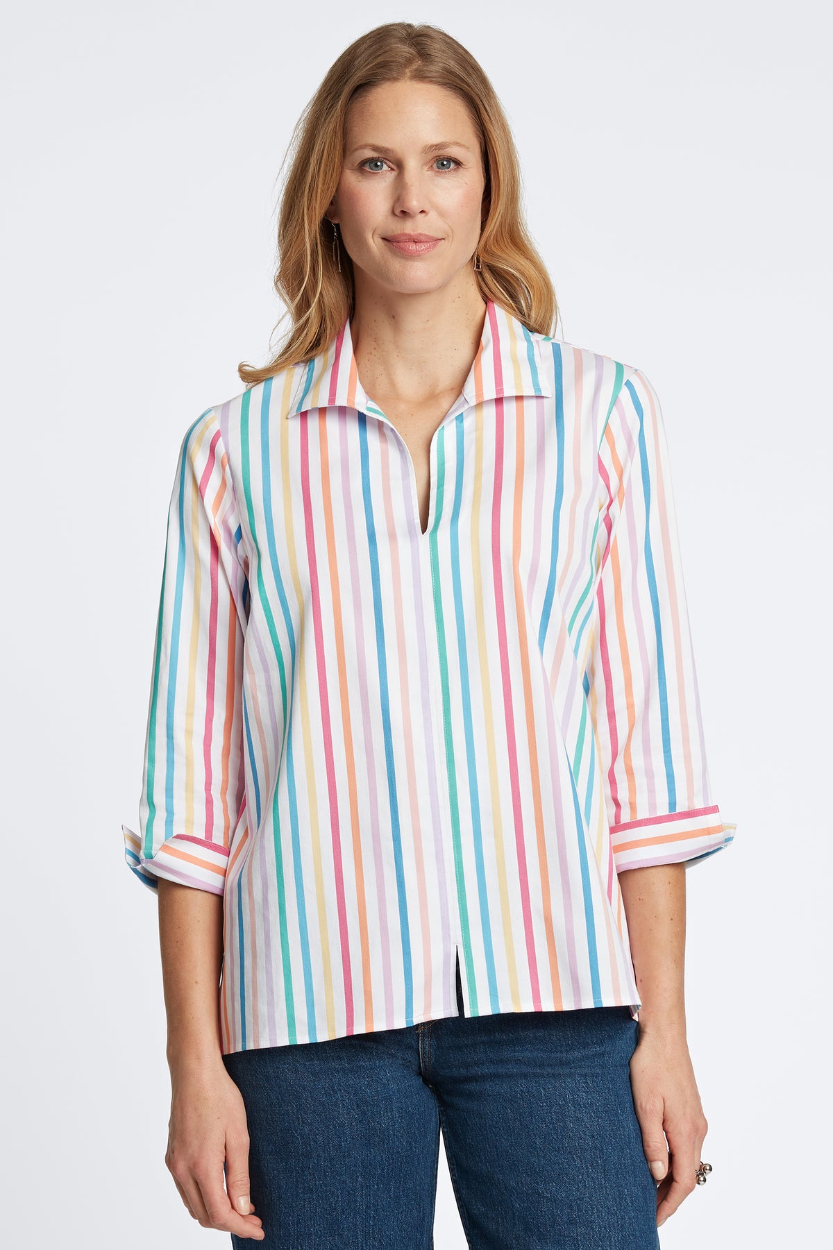 Agnes No Iron Rainbow Stripe Popover Shirt